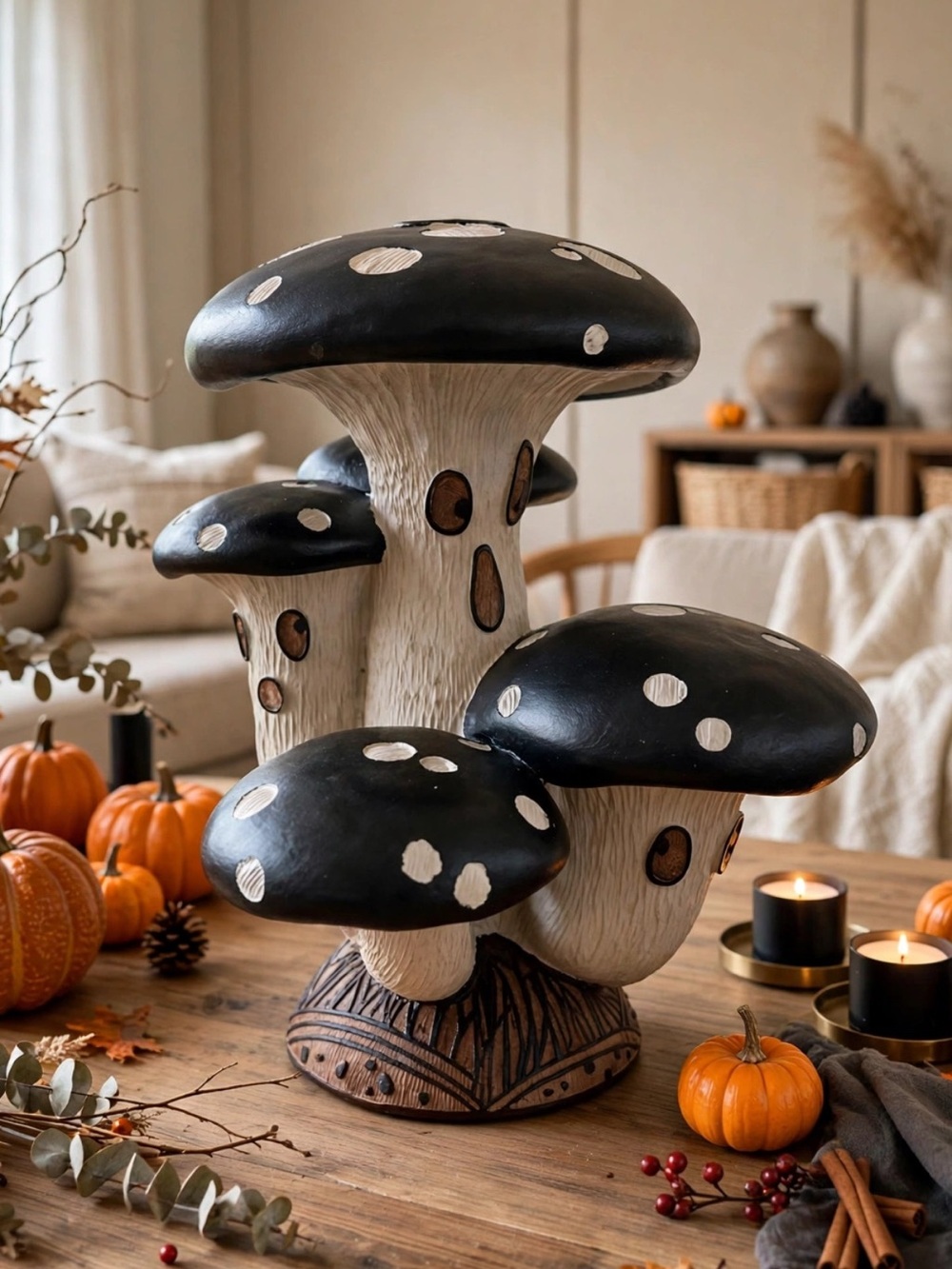 Handcrafted Black & Cream Ceramic Mushroom Halloween Sculpture